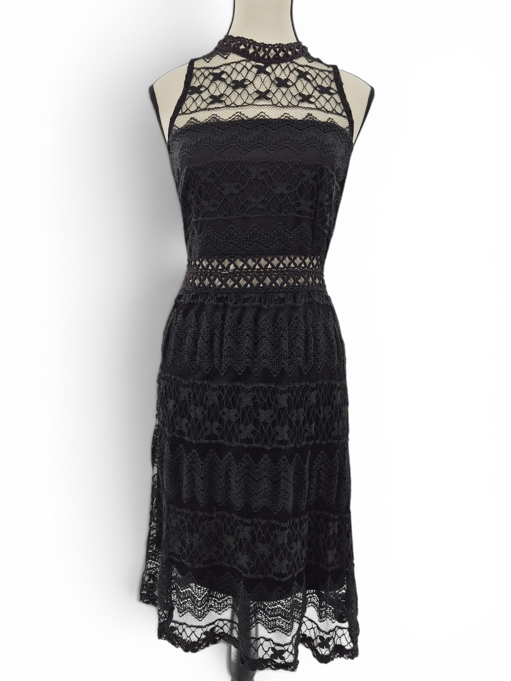 Shasa Black Lace Fit & Flare Dress L Mock Neck Sleeveless Cocktail Wedding Fairy